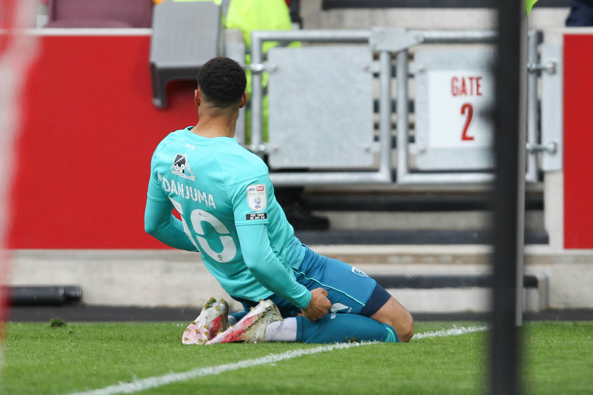 Arnaut Danjuma pictured celebrating a goal for Bournemouth in a 2021 EFL Championship play-off semi-final against Brentford
